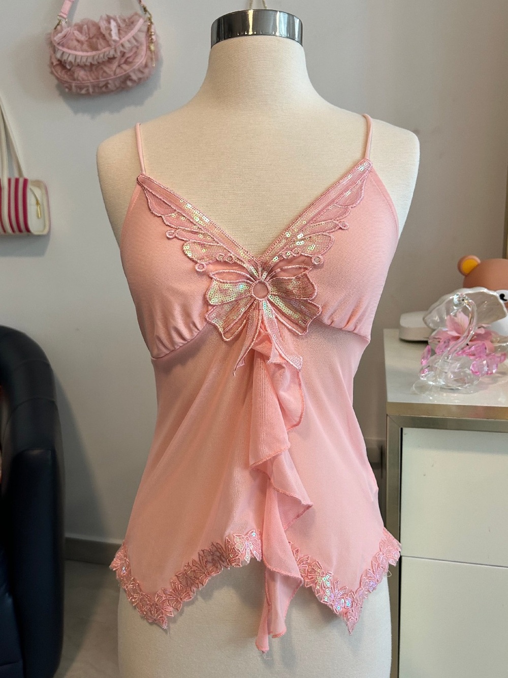 ROMWE Pink Sequin Y2K Satin Butterfly-Detail Ruffle Cami